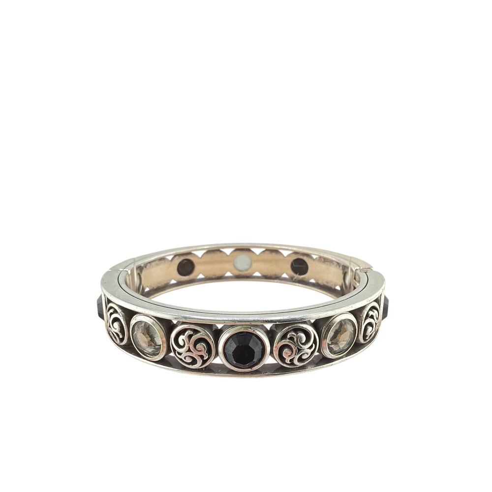Brighton Silver Filigree Black Glass Stone and Rhinestone Bangle Bracelet